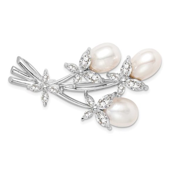 925 Sterling Silver FWC Pearl and CZ Floral Pin Brooch, 41mm X 22mm gift for mom - Picture 1 of 3